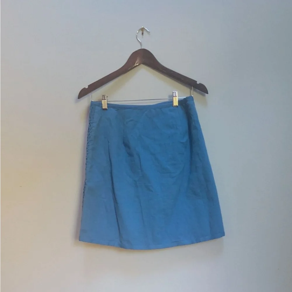 The Korner Anthropologie Blue Crochet Overlay Front Zipper Mini Skirt - Small